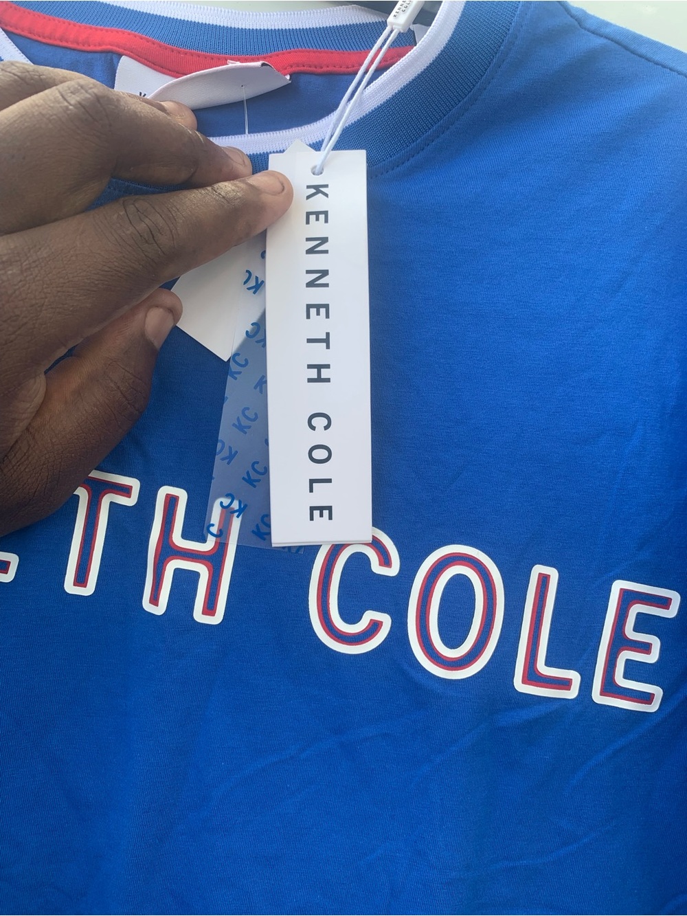 Kenneth Cole Men’s Royal Blue Short Sleeve Logo Tee with Red & White Trim